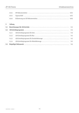 ZF-AS Tronic                                                                                                                    Inhaltsverzeichnis


         4.9.2           ZF-Dokumentation . . . . . . . . . . . . . . . . . . . . . . . . . . . . . . . . . . . . . . . . . . . . . . . . . . . . . . 4-55

         4.9.3           Typenschild . . . . . . . . . . . . . . . . . . . . . . . . . . . . . . . . . . . . . . . . . . . . . . . . . . . . . . . . . . . . 4-55

         4.9.4           Erläuterung zur ZF-Dokumentation . . . . . . . . . . . . . . . . . . . . . . . . . . . . . . . . . . . . . . . . . 4-56



5        Anhang

5.1      Bezeichnungen für AS-Getriebe . . . . . . . . . . . . . . . . . . . . . . . . . . . . . . . . . . . . . . . . . . . . . . . . . . . .              5-3

5.2      AS-Getriebeprogramm . . . . . . . . . . . . . . . . . . . . . . . . . . . . . . . . . . . . . . . . . . . . . . . . . . . . . . . . . . .          5-4

         5.2.1           AS-Getriebeprogramm für Lkw . . . . . . . . . . . . . . . . . . . . . . . . . . . . . . . . . . . . . . . . . . . . .              5-4

         5.2.2           AS-Getriebeprogramm für Bus . . . . . . . . . . . . . . . . . . . . . . . . . . . . . . . . . . . . . . . . . . . . .              5-5

         5.2.3           AS-Getriebeprogramm für Sonderfahrzeuge . . . . . . . . . . . . . . . . . . . . . . . . . . . . . . . . . .                        5-5

         5.2.4           AS-Getriebeprogramm für Bahnfahrzeuge . . . . . . . . . . . . . . . . . . . . . . . . . . . . . . . . . . . .                      5-5

5.3      Beigefügte Dokumente . . . . . . . . . . . . . . . . . . . . . . . . . . . . . . . . . . . . . . . . . . . . . . . . . . . . . . . . . . .         5-6




1328 765 001 - 2005-02                                                          12
 