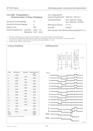 ZF-AS Tronic                                                              Getriebesystem und seine Komponenten


2.2.4 LKW - Produktfamilie 1:                                             max. Eingangsdreh-
      Technische Daten 12-Gang / Direktgang                               moment (Zug/Schub)*: 1000 Nm / 700 Nm1)
                                                                          Antriebsdrehzahl:              max. 2650 min-1 (Zug)
Anzahl der Vorwärtsgänge:                         12                                                     max. 2800 min-1 (Schub)
Anzahl der Rückwärtsgänge:                        2                       Ölmenge (in Litern):           ca. 7,8
Länge in mm:                                      840                     Gewicht:                       185 kg**
Übersetzungsbereich:                  Vorwärts 12,83 - 1,0                Schwerpunkt: siehe Einbauzeichnung (Kapitel 4.1.1)
                                      Rückwärts 13,07 - 10,56


* Richtwert: abhängig von Fahrzeugart und Fahrzeugdaten sowie den jeweiligen Einsatzbedingungen
** Ohne Peripherie, Ölbefüllung, Nebenabtriebe, Kupplung, Ausrückgabel, -welle, -lager, Druckstange und Kupplungssteller.
   Gewicht: Ausrückgabel, -welle, -lager, Druckstange und Kupplungssteller ca. 10 kg
1) in Entwicklung: 1000 Nm Schubmoment


  12-Gang / Direktgang                                               Kraftflussschema




                                                                                                                            PL
                                                                                                               R
                                                                                                     3   2 1
                                                                                               KII                          PTO
                                                                                         KI
   Gang       Übersetzung       Gangstufe   Trägheitsmoment 1)
                                                                      Gang
                   i                               kgm2
   1.             12,834                          0,062                    1
                                  1,238
   2.             10,369                          0,086                    2
                                  1,291
   3.             8,029                           0,067                    3
                                  1,238
   4.             6,487                           0,093                    4
                                  1,253
    5.            5,176                           0,078                    5
                                  1,238
   6.             4,182                           0,109                    6
                                  1,363
   7.             3,069                           0,083
                                                                           7
                                  1,238
   8.             2,480                           0,118
                                                                           8
                                  1,291
                                                                           9
   9.             1,920                           0,120
                                  1,238
   10.            1,551                           0,174
                                                                          10
                                  1,253
   11.            1,238                           0,205
                                                                          11
                                  1,238                                   12
   12.            1,000                           0,304

   R1             13,072                          0,062                   R1
                                  1,238
   R2             10,561                          0,086                   R2
   N K1              –                 –          0,059
   N K2              –                 –          0,081              PTO-K1
 1) Werte bezogen auf Antriebsseite
                                                                    PTO-K2

                                                                                                                                  019425



1328 765 001 - 2006-07                                              2-8
 
