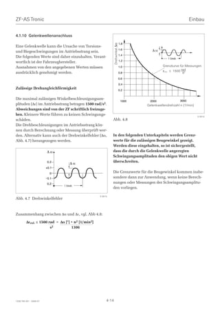 ZF-AS Tronic                                                                                                       Einbau


4.1.10 Gelenkwellenanschluss
                                                                             1.8




                                                             Drehwinkel ∆α
Eine Gelenkwelle kann die Ursache von Torsions-
und Biegeschwingungen im Antriebsstrang sein.
                                                                         1.6            ∆α
                                                                         1.4
Die folgenden Werte sind daher einzuhalten. Verant-                                               1 Umdr.
wortlich ist der Fahrzeughersteller.                                         1.2

Ausnahmen von den angegebenen Werten müssen                              1.0                   Grenzkurve für Messungen

ausdrücklich genehmigt werden.                                           0.8
                                                                                               εzul. ≤ 1500 rad
                                                                                                             s2
                                                                         0.6

                                                                             0.4
Zulässige Drehungleichförmigkeit                                         0.2


Die maximal zulässigen Winkelbeschleunigungsam-                                                             3000
                                                                              1000    2000
plituden (∆ε) im Antriebsstrang betragen 1500 rad/s2.                                Gelenkwellendrehzahl n (1/min)
Abweichungen sind von der ZF schriftlich freizuge-
ben. Kleinere Werte führen zu keinen Schwingungs-                                                                     S 0014
schäden.                                                     Abb. 4.8
Die Drehbeschleunigungen im Antriebsstrang kön-
nen durch Berechnung oder Messung überprüft wer-
den. Alternativ kann auch der Drehwinkelfehler (∆α,          In den folgenden Unterkapiteln werden Grenz-
Abb. 4.7) herangezogen werden.                               werte für die zulässigen Beugewinkel gezeigt.
                                                             Werden diese eingehalten, so ist sichergestellt,
                         ∆α                                  dass die durch die Gelenkwelle angeregten
                                                             Schwingungsamplituden den obigen Wert nicht
                          0.2                                überschreiten.
                                    ∆α
                         +0.1
                           0                                 Die Grenzwerte für die Beugewinkel kommen insbe-
                          0.1                                sondere dann zur Anwendung, wenn keine Berech-
                          0.2                                nungen oder Messungen der Schwingungsamplitu-
                                1 Umdr.
                                                             den vorliegen.

                                                    S 0013
Abb. 4.7 Drehwinkelfehler



Zusammenhang zwischen ∆α und ∆ε, vgl. Abb 4.8:

         ∆εzul. ≤ 1500 rad = ∆α [°] • n2 [1/min2]
                        s2          1306




1328 765 001 - 2006-07                                   4-14
 