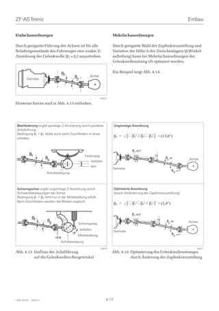 ZF-AS Tronic                                                                                                                    Einbau


Einfachanordnungen                                                   Mehrfachanordnungen

Durch geeignete Führung der Achsen ist für alle                      Durch geeignete Wahl der Zapfenkreuzstellung und
Beladungszustände des Fahrzeuges eine exakte Z-                      Variation der Höhe h des Zwischenlagers (β-Winkel-
Anordnung der Gelenkwelle (β1 = β2) anzustreben.                     aufteilung) kann bei Mehrfachanordnungen der
                                                                     Gelenkwellenstrang oft optimiert werden.

                                                                     Ein Beispiel zeigt Abb. 4.14.
                                    ß1               Achse
          Getriebe                       ß2



                                                             S0015

Hinweise hierzu sind in Abb. 4.13 enthalten.




 Blattfederung ergibt günstige Z-Anordnung durch parallele              Ungünstige Anordnung
 Achsführung.
 Bedingung β1 = β2 bleibt auch beim Durchfedern in etwa
                                                                        βE =       ⎜ – β12 + β22 – β32 ⎜ = (13,6°)
 erhalten.


                                                                                      ß1 =9.5°
            ß1                                   Federweg                                             h
                         ß2                                                                                   ß2 =5°            Achse
                                                     beladen
                                                     leer
                                                                     Getriebe
                                                                                                                    ß 3 =11°
                         Achsbewegung



 Schwingachse ergibt ungünstige Z-Anordnung durch                       Optimierte Anordnung
 Schwenkbewegungen der Achse.                                           (durch Veränderung der Zapfenkreuzstellung)
 Bedingung β1 = β2 wird nur in der Mittelstellung erfüllt.
 Beim Durchfedern werden die Winkel ungleich.
                                                                        βE =       ⎜ – β12 – β22 + β32 ⎜ = (2,4°)

                                                                                      ß1 =9.5°
              ß1                                                                                          h
                         ß2                                                                                   ß2 =5°            Achse
                                            Schwingweg
                                              beladen
                                                                        Getriebe
                                            Mittelstellung                                                          ß3   =11°
                              -0+
                                Achsbewegung
                                                             S0016                                                                  S0017
Abb. 4.13 Einfluss der Achsführung                                   Abb. 4.14 Optimierung des Gelenkwellenstranges
          auf die Gelenkwellen-Beugewinkel                                     durch Änderung der Zapfenkreuzstellung




1328 765 001 - 2006-07                                           4-17
 