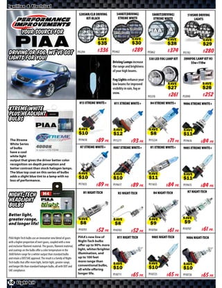 Ignition & Electrical

                                                                   520SMR/CLR DRIVING       540KIT(DRIVING)              580KIT(DRIVING)         510SMR DRIVING
                                                                       KIT-BLACK             XTREME WHITE                 XTREME WHITE               LIGHTS


            Your source for
                                                                               SAVE                      SAVE                      SAVE                    SAVE

Driving or Fog, we’ve got                                         PI5294                 PI5462                       PI5862                  PI5192
lights for you!                                                                                                        530 LED FOG LAMP KIT   2000FOG LAMP KIT H3
                                                                                         Driving Lamps increase                                   55w=110w
                                                                                         the range and brightness
                                                                                         of your high beams.

                                                                                         Fog Lights enhance your
                                                                                         low beams for improved
                                                                                                                                    SAVE                   SAVE
                                                                                         visibility in rain, fog or
                                                                                         snow.
                                                                                                                      PI5370                  PI2090

                                                                   H13 XTREME WHITE+      H11 XTREME WHITE+             H4 XTREME WHITE+      9006 XTREME WHITE+
XTREME WHITE
PLUS Headlight
Bulbs
                                                                  SAVE                    SAVE                        SAVE                    SAVE
                                                                  PI19618   $ *X* Pr.     PI15211    $ *X* Pr.        PI15224   $ *X* Pr.     PI19616   $ *X* Pr.
                                                                    H7 XTREME WHITE+      9007 XTREME WHITE+            H1 XTREME WHITE+      9005 XTREME WHITE+
 The Xtreme White Series of bulbs have
 a cool white light output that gives the
 driver better color recognition on depth
 perception and better contrast than stock
 halogen lamps. The blue top coat on this
 series of bulbs adds a slight blue tint to a
 lamp with no loss of performance.                                SAVE                    SAVE                        SAVE                    SAVE
                                                                  PI17655   $ *X* Pr.     PI19617    $ *X* Pr.        PI11655   $ *X* Pr.     PI19615   $ *X* Pr.
                                                                      H1 NIGHT-TECH          H3 NIGHT-TECH                H4 NIGHT-TECH          H7 NIGHT-TECH
NIGHT-TECH
Headlight
Bulbs
Better light,
greater range,                                                                                                                                SAVE
                                                                  SAVE                    SAVE                        SAVE
and longer life!
                                                                  PI10701   $ *X* Pr.     PI10703    $ *X* Pr.        PI10704   $ *X* Pr.
                                                                                                                                              PI10707   $ *X* Pr.
PIAA Night-Tech bulbs use an innovative new blend of gases        PIAA’s new line of         H11 NIGHT TECH              9005 NIGHT-TECH        9006 NIGHT-TECH
with a higher proportion of inert gases, coupled with a new       Night-Tech bulbs
and exclusive filament material. The gasses, filament material,   offer up to 90% more
and coatings on the bulbs oﬀer a color temperature in the         light, whiter/brighter
3600 Kelvin range for a whiter output than standard bulbs         illumination, and
and retain a DOT/SAE approval. The result is a family of Night-   up to 100 feet
Tech bulbs that oﬀer more light, better light, greater range,     more range than
and longer life than standard halogen bulbs, all with DOT and     conventional bulbs,    SAVE                         SAVE                    SAVE
SAE compliance.                                                   all while offering
                                                                  longer life.           PI10711    $ *X*   Pr.       PI10725   $ *X* Pr.     PI10726   $ *X* Pr.
10 Light kit
 