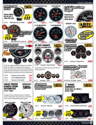 Body & Interior

                                                                     (2-5/8) MECH FUEL 15psi                (2-5/8) MECH OIL
 SPORT-COMP
 TACHS
                                                                                                                0-100psi             2-5/8” Sport Comp
                                                                                                                                     Gauges
 Big or small,                                  SAVE                                                                                 Featuring a Black Face & Silver
 we’ve got a                                                                                                                         Bezel
 Tach for you!

 AU3780       SPORT-COMP TACH (3-3/4)8000             $*X*           AU3411      $ *X* Ea.             AU3421         $ *X* Ea.        ULTRALITE - Silver
                                                                      (2-5/8) MECH WATER                   (2-5/8) VOLTMETER
                                                                              280 F


                                    5” SPORT-COMP
                                    TACH w/ Shift                                                                                                                   All Gauges
    SAVE                            light                                                                                                                           on Sale
                                                                                                                                                                    Now!
                                                                                                                                      Also Available
AU3904          SPORT-COMP TACH (5“)S/LITE 10K        $*X*           AU3431      $ *X* Ea.             AU3592           $ *X* Ea.      in Ultra Lite
SO-CAL Speed                                                           HI-DEF Gauges                                                5pc Gauges
Shop Instruments                                                       5-piece LED Gauge kits                                       - “Designer
                                                                                                                                    Black”


                                                                                                                                    AU1402     5pc Gauges - “Designer Black”         $*X*
 The SO-CAL 5 gauge kit includes a mechanical 3-3/8” 200mph           AU1202       5pc Gauges - “American Muscle”          $*X*
 speedo. The auxiliary 2-1/16” gauges; electric oil pressure,          Includes Oil Pressure, Water Temp, Fuel Level, Volt, and
                                                                                                                                    5pc Gauges - “Bowtie
 electric water temp, electric fuel and volt meter all include the     Electric Speedometer!                                        Performance”
 appropriate senders and hardware. They have black faces with a
 small SO-CAL logo, chrome bezels, steel cases and convex glass.

 SC62650         5 Gauge set, w/mech. Speedo             $*X*
 SC62655         3-3/8” 10,000 RPM tachometer            $*X*
 SC62663         5 Gauge set, w/elec. Speedo             $*X*         AU1101      5pc Gauges - ”Cruiser”                 $*X*       AU130000408 5pc Gauges - “Bowtie”                $*X*
Value Priced                                                           2” Chrome                                                      2” Gauge
Gauges from                                                            Gauge Consoles                                                 Consoles
AutoMeter                                                              Oil/Volt/Water                                                 Black Dual-Oil Press &
3-3/4” Tachs                                                                                                                          Water Temp

 Autogage tachometers really mean business in traditional
 chrome or modern black. State-of-the-art air core movement
 ensures accurate reading and quick pointer response.
                                                                              SAVE                                                        SAVE

  TACH (3-3/4”) 8000                  TACH (3-3/4”) 8000
        BLACK                             CHROME
                                                                       AU2325       Chrome Trio - White Face                          AU2392     Black Dual-Oil Press & Water Temp



                                                                         SAVE                                                           SAVE
SAVE                               SAVE

                                                                                   Chrome Trio - Black Face                                     GAUGES (2”) OIL/WATER/VOLTS BLK
AU2300       $ *X* Ea.             AU2304        $ *X* Ea.             AU2349                                                        AU2397

                                                                                                                                                                        Gauges 13
 