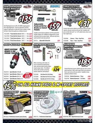 Chassis

Dual Diaphragm                                                 Adjustable                                                   Corvette style
Brake Booster                                                  Pushrod Kit                                                  Master Cylinder

                                           Now

                                             $
                                            SAVE
                                                               Adjustable
                                                                                                        Now
                                                                                                                                                                     SAVE

Dual Diaphragm boosters oﬀer 25% MORE stopping power
than single diaphragms. Great for applications with big
engines in tight spaces or when the master cylinder is under
the floor! Choose from gold zinc or brilliant chrome!
                                                               Pushrod Kit for
                                                               Brake or Clutch
                                                               Pedals
                                                                                                          $
                                                                                                          SAVE
                                                                                                                            Corvette Style master cylinders are known for their extra fluid
                                                                                                                            capacity, now you can get one for your ride! Available with
                                                                                                                            ports on both sides and 1” or 1-1/8” cylinder bores, there’s one
                                                               Simplify custom brake installations with this pushrod kit.
 TU2222NB 7” Dual Gold Zinc Booster SAVE           Now $*X*                                                                 that’s right for you.
                                                               Includes adaptors for 10 diﬀerent configurations to work
 TU2223NB 8” Dual Gold Zinc Booster SAVE           Now $*X*    with power and non-power brakes. Will work with clevis,
 TU2222NA 7” Dual Chrome Booster SAVE              Now $*X*    eyelet and bell crank style pushrods                         TU2020NA        Chrome - 1” Bore - Dual Ports            $*X*
 TU2223NA 8” Dual Chrome Booster SAVE              Now $*X* SSA1726        Adjustable Pushrod Kit                  $*X*     TU2020NB        Plain - 1” Bore - Dual Ports             $*X*

Speed Bleeders                                                 OEM Proportioning                                            Aluminum
                                                               Valve                                                        Smoothie Master
 Makes bleeding                                                                                                             Cylinder
 brakes a one
 person task!

                                                                                                                                                                        Now

                                                               When converting to disc brakes, its
                                                               easy to overlook the proportioning
                                                               valve, and drum brakes and disc brakes
                                                               require unique valves. This brilliant
                                                                                                            SAVE
                                                                                                                                                                           $
                                                                                                                                                                           SAVE
                                                                                                                              Smooth Aluminum master cylinders give your ride a custom
                                                               chrome valve includes a mounting                               under hood look. With a wide range of bore sizes and ports,
RU639510 Speed Bleeders 7/16-20                                bracket, brake lines and hardware.                             there’s sure to be one for your vehicle. Available in show
RU639560 Speed Bleeders 10mm x 1.0               Now           TU2301NA      Disc/Drum for 3/8-24 lines              $*X*     polished or brilliant chrome.
RU639590 Speed Bleeders 3/8 - 24
RU639630 Speed Bleeders 10mm x 1.0
                                                   $           TU2302NA
                                                               TU2303NA
                                                                             Disc/Drum for 9/16” & 1/2” lines
                                                                             Disc/Disc for 9/16” & 1/2” lines
                                                                                                                     $*X*
                                                                                                                     $*X*
                                                                                                                              TU2025NA Polished Aluminum - 1” Bore
                                                                                                                              TU2027NA Polished Aluminum - 1 1/8” Bore
                                                                                                                                                                                    $*X*
                                                                                                                                                                                    $*X*
      SAVE

 15%
Performance
                               on all Hawk Pads & M-Sport Rotors!
                                                               Performance                                                  HPS - High
Ceramic -                                                      Brake Rotor                                                  Performance
Luxury Touring                                                 Stop short with                                              Street
                                                               performance brake
                                                               rotors!




                                             Extremely                                                      CNC Cross                                                      Increased
                                               quiet                                                        Drilled &                                                       Stopping
                                                                                                             Slotted                                                         Power
HB516Z626 Performance Ceramic Luxury Touring                   MZR3172L Performance Brake Rotor                             HB104F485 HPS - High Performance Street

                                                                                                                                                            Brake Pads 21
 