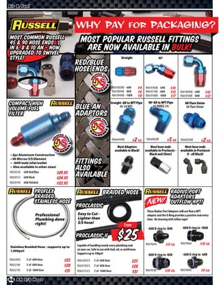 Air & Fuel




                                             Why Pay for Packaging?
Most common Russell                             Most Popular Russell Fittings
45 & 90 Hose ends
in 6, 8 & 10 AN - now
upgraded to Swivel
                                                 are now available in Bulk!
style!                                                                                Straight                       45º                            90º
                                             Red/Blue
                                             Hose Ends
                                                                               RU610020B -6AN     $ *X*   RU610160B -6AN    $ *X*
                                                                               RU610030B -8AN     $ *X*   RU610170B -8AN    $ *X*      RU610090B -6AN     $ *X*
                                                                               RU610040B -10AN    $ *X*   RU610180B -10AN   $ *X*      RU610100B -8AN     $ *X*
Compact High                                                               Straight -AN to NPT Pipe         90º AN to NPT Pipe             AN Flare Union
Volume Fuel                                  Blue AN                              #6 1/4 NPT                   #6 90DEG 1/4                 #6 Flare Union

Filter                                       Adaptors

                                                                               RU660440B   $ *X* Ea.       RU660820B   $ *X* Ea.        RU660350B    $ *X* Ea.
                                                                                   Most Adaptors              Most hose ends              Most hose ends
                                                                                 available in Black!      available in Proclassic -    available in Proclassic
 • 2pc Aluminum Construction                                                                                 Black and Silver!              II - all Black!
 • 40 Micron S/S Element
 • -6AN male inlet/outlet                    Fittings
 • Also available in other sizes!
RU650130 -6AN Red/Blue
                                             also
RU650133 -6AN Black
                                    $*X*
                                    $*X*
                                             available
RU650140 -6AN Polished              $*X*
                    ProFlex                                         Braided Hose                                               Radius Port
                    Braided                                                                                                    Adaptors
                    Stainless Hose                                                                                             outflow NPT!
                                             ProClassic
                                                                                                           These Radius Port Adaptors will out flow a NPT
                      Professional           Easy to Cut -                                                 adaptor and the O-Ring provides a positive seal every
                      Plumbing done          Lighter than                                                  time. No messing with teflon tape!
                      right!                 S/S hose!
                                                                                        From
                                                                                                            -6AN O-ring to -8AN          -8AN O-ring to -10AN




Stainless Braided Hose - supports up to
                                             ProClassic II
                                             Capable of handling nearly every plumbing task
                                                                                           $              RU670640      $ *X* Ea.       RU670660      $ *X* Ea.
1,000psi!                                    on your car. Safe to use with fuel, oil, or antifreeze.
                                             Supports up to 350psi!                                         -8AN O-ring to -8AN          -6AN O-ring to -6AN
RU632050     3’ of -6AN Hose          $*X*   RU632053/5     3’ of -6AN Hose                   $*X*
RU632100     3’ of -8AN Hose          $*X*   RU632103/5     3’ of -8AN Hose                   $*X*
RU632150     3’ of -10AN Hose         $*X*   RU632153/5     3’ of -10AN Hose                              RU670700      $ *X* Ea.      RU670840       $ *X* Ea.
                                                                                              $*X*
46 AN S/S Hose
 