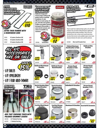 Engines & Components

Steel                                             “GASGACINCH”                                            Ultra-Seal
Reinforced                                        Seals gasket                                            Valve Cover
Rubber Valve                                      to manifold                                             Gaskets                                       SAVE UP
                                                                                                                                                             TO
Cover Gaskets                                     Edelbrock’s Gasgacinch
                                                  ensures proper sealing of all
                                                  gaskets used in a manifold
                                                  installation. It’s also                                  Excellent
                                                  eﬀective on water pump, oil                              sealing and
                                      SAVE UP
                                           TO     pan, and valve cover gaskets.                            durability
                                                  It allows easy gasket removal
                                                  during parts disassembly, is
                                                  water and oil-resistant, and
                                                                                                           They’re made from traditional high-quality cork-and-rubber
                                                  comes in resealable 4 oz.
Extra thick rubber with                           containers.
                                                                                                           material, they seal well in mild performance applications,
                                                                                                           and they provide excellent durability. They’re also non-
a reinforced core                                                                                          shrink and non-stick, so they can be reused many times.
                                                                                                           An extra-thick version is also available to give a touch more
SR585    VC Gaskets (SteelCore) SBC      $*X*                                        SAVE                  clearance between the valve covers and the valvetrain
SR586    VC Gaskets (SteelCore) BBC      $*X*
                                                                                                           GA5860      Ultra-Seal VC Gaskets from
SR587    VC Gaskets (SteelCore) SBF      $*X*     ED9300      “GASGACINCH”                      $*X*                                                           $*X*
                                                 Polished Aluminum PCV            Polished Aluminum       Polished Aluminum                    Edelbrock Elite
                                                          Valve                     Oval Breather        Oval Breather w/Tube                    Breather
   All V/C
   Accessories
   are on Sale!                                   SAVE                            SAVE                    SAVE                             SAVE

                                 SAVE up
                                      to
                                                  AA4190      $ *X* Ea.       AA4180         $ *X* Ea.    AA4181       $ *X* Ea.           ED4204             $ *X*
                                                 Edelbrock Black Round             Edelbrock Chrome          Chrome Round                      Chrome Round
                                                       Breather                     Round Breather          Breather w/Tube                    Breather (3/4”)

• V/C Bolts
• V/C Spreaders                                  SAVE                             SAVE                    SAVE                             SAVE
• V/C T-Bar Hold Downs                           ED4403           $ *X*       ED4405           $ *X*     SR4279        $ *X* Ea.           SR4300        $ *X* Ea.
                                                 Bowtie Breather Black             Bowtie Breather -     Ballmilled V/C Breather               Chrome Round
Polished                                           Round Breather                   Chrome twist in                                           Breather (1-1/4”)
Grommet
Trim Ring

                                                  SAVE                            SAVE                    SAVE                             SAVE

                                                  PR141754    $ *X* Ea.           PR141618   $ *X* Ea.    CP70005           $ *X*          SR4277        $ *X* Ea.
                                                 Ford Oval Black Round             Ford Oval Chrome      Aluminum V/C Breather Assorted V/C Grommets
                                                       Breather                     Round Breather



 Add that finishing touch with
 Polished Grommet Covers
AA4198   3/4” Polished Trim Ring
                                                  SAVE                            SAVE                    SAVE
                                          $*X*
AA4199   1” Polished Trim Ring                                                                                                                                From
                                          $*X*    PR302216    $ *X* Ea.           PR302215   $ *X* Ea.    CP70001            $ *X*         CP70187

48
 