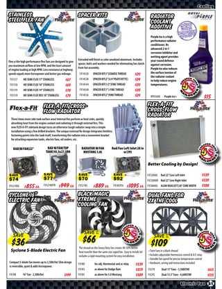 Cooling

Stainless                                                      Spacer Kits                                                            Radiator
Steel Flex Fan                                                                                                                        Coolant
                                                                                                                                      Additive
                                                                                                                                      Purple Ice is a high
                                                                                                                                      performance radiator
                                                                                                                                      conditioner. Its
                                                                                                                                      advanced 2-in-1
                                                                                                                                      corrosion inhibitor and
                                                                                                                                      wetting agent provides
                                                               Extruded mill ﬁnish or color anodized aluminum. Includes               year-round defense
Flex-a-lite high performance ﬂex fans are designed to give
                                                               spacer, bolts and washers needed for eliminating fan clutch            against corrosion.
you maximum airﬂow at low RPM, and the least amount
                                                               from fan assembly.                                                     Purple Ice also reduces
of engine loading at high RPM. Less resistance at highway
speeds equals more horsepower and better gas mileage.           FX14528       SPACER KIT(1”)COARSE THREAD                             the surface tension of
                                                                                                                       $*X*
                                                                                                                                      the radiator coolant
 FX1317      HD SEMI-FLEX 17” STAINLESS           $*X*          FX14538       SPACER KIT(2”)3/4”PILOT(VETTE)           $*X*           to help reduce engine
 FX1318      HD SEMI-FLEX 18” STAINLESS           $*X*          FX14544       SPACER KIT(1/2”)FINE THREAD              $*X*           temperatures.
 FX1319      HD SEMI-FLEX 19” STAINLESS           $*X*          FX14548       SPACER KIT(1”)-FINE THREAD               $*X*
 FX1518      HD SEMI-FLEX REV 18” STAINLESS                     FX14556       SPACER KIT(2”)FINE THREAD                $*X*
                                                  $*X*                                                                                RP01600      Purple Ice+                         $*X*
                               FLEX-A-FIT Cross-                                                                                   FLEX-A-FIT
                               Flow Radiator                                                                                       Cross-Flow
                                                                                                                                   Radiator
  Three times more side tank surface area! Internal ﬁns perform as heat sinks, quickly
  absorbing heat from the engine coolant and radiating it through external ﬁns. This
  new FLEX-A-FIT sidetank design turns an otherwise tough radiator swap into a simple
  installation using a few drilled brackets. The unique external ﬁn design integrates limitless
  fastening points into the tank itself, transforming the radiator into a convenient bracket
  for attaching expansion tanks, electric fans, oil coolers, etc.

    RAD(W/FAN)22”                  RAD W/FAN(TOP                  RADIATOR W/FAN                 Rad/Fan Left Inlet 28 in
                                  TANK)18.5x27.5RH                 MUSTANG 5.0L                          w/295


                                                                                                                                   Better Cooling by Design!

                                  SAVE
                                                                                                                                   FX52000L Rad 22” Core Left Inlet                    $*X*
SAVE                                                           SAVE                               SAVE
                                                                                                                                   FX52000R Rad 22” Core Right Inlet                   $*X*
FX52180L     $ *X* Ea.         FX52180TR     $ *X* Ea.         FX52185        $ *X* Ea.           FX58295L       $ *X* Ea.         FX58000L ALUM RAD(LEFT)28” CORE WIDTH               $*X*

Syclone 16”                                                    Black Magic                                                         Dual Fans For
electric Fan                                                   Xtreme                                                              2X the Cool
                                                               Cooling Fan



                                                                     SAVE UP
   SAVE
                                                                          TO
                                                                                                                                         SAVE UP
                                                                                                                                              TO




                                                                The shroud on this heavy Duty fan creates 40-50% better
 Syclone S-Blade Electric Fan                                   heat transfer than the same size caged fan. Easy to install, kit    • Twin Fans in a black shroud
                                                                includes a rigid mounting system for easy installation.             • Includes adjustable thermostat control & A/C relay
                                                                                                                                    • Variable fan speed for precise temperature control
Compact S-blade fan moves up to 2,500cfm! Slim design                                                                               • Hardware, wiring and instructions included
                                                               FX180           Inc adj. thermostat and ac relay          $*X*
is reversible, quiet & adds horsepower.
                                                               FX183           as above for Dodge Ram                    $*X*      FX270        Dual 15” Fans - 5,500CFM!                  $*X*
FX398       16” Fan - 2,500cfm!                   $*X*         FX185           as above for 5.0 Mustang                  $*X*      FX295        Dual 13.5” Fans - 4,600CFM!                $*X*
                                                                                                                                                                   Electric Fan 51
 
