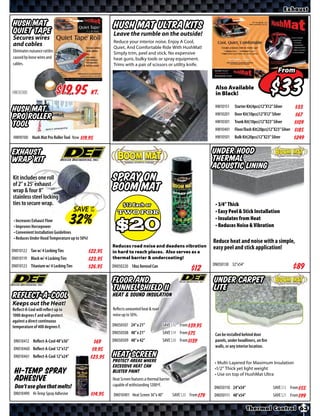 Exhaust

Hush Mat                                              Hush Mat Ultra Kits
Quiet Tape                                            Leave the rumble on the outside!
Secures wires
                                                      Reduce your interior noise. Enjoy A Cool,
and cables                                            Quiet, And Comfortable Ride With HushMat!
Eliminates nuisance rattles                           Simply trim, peel and stick. No expensive
caused by loose wires and                             heat guns, bulky tools or spray equipment.
cables.                                               Trims with a pair of scissors or utility knife.
                                                                                                                                                      From

HM30300                       $*X* Kt.                                                                         Also Available
                                                                                                               in Black!                                    $
                                                                                                               HM10151    Starter Kit(4pcs)12”X12” Silver       $*X*
Hush Mat                                                                                                       HM10201    Door Kit(10pcs)12”X12” Silver
Pro Roller                                                                                                                                                      $*X*
                                                                                                               HM10301    Trunk Kit(10pcs)12”X23” Silver        $*X*
Tool                                                                                                           HM10401    Floor/Dash Kit(20pcs)12”X23” Silver   $*X*
 HM90100 Hush Mat Pro Roller Tool Now $*X*                                                                     HM10501    Bulk Kit (30pcs) 12”X23” Silver       $*X*

Exhaust                                                                                                       Under Hood
Wrap Kit                                                                                                      Thermal
                                                                                                              Acoustic Lining
Kit includes one roll
of 2” x 25’ exhaust
                                                      Spray On
wrap & four 8”                                        Boom Mat
stainless steel locking
ties to secure wrap.                                                                                           • 3/4” Thick
                                      SAVE UP
                                           TO                                                                  • Easy Peel & Stick Installation
 • Increases Exhaust Flow                                                                                      • Insulates from Heat
 • Improves Horsepower                                                                                         • Reduces Noise & Vibration
 • Convenient Installation Guidelines
 • Reduces Under Hood Temperature up to 50%!
                                                                                                              Reduce heat and noise with a simple,
                                                      Reduces road noise and deadens vibration                easy peel and stick application!
DN010122 Tan w/ 4 Locking Ties                 $*X*   in hard to reach places. Also serves as a
DN010119 Black w/ 4 Locking Ties               $*X*   thermal barrier & undercoating!
                                                                                                              DN050130 32”x54”
DN010123 Titanium w/ 4 Locking Ties            $*X*   DN050220 18oz Aerosol Can
                                                                                                      $*X*                                                      $*X*
                                                      Floor And                                               Under Carpet
                                                      Tunnel Shield II                                        Lite
Reflect-A-Cool                                        Heat & Sound Insulation
Keeps out the Heat!
Reﬂect-A-Cool will reﬂect up to                       Reflects unwanted heat & road
1000 degrees F and will protect                       noise up to 50%.
against a direct continuous
temperature of 400 degrees F.                         DN050507 24” x 21”               SAVE       From $*X*
                                                      DN050508 48” x 21”               SAVE       From $*X*    Can be installed behind door
 DN010412 Reﬂect-A-Cool 48”x36”                $*X*   DN050509 48” x 42”               SAVE       From $*X*    panels, under headliners, on ﬁre
                                                                                                               walls, or any interior location.
 DN010460 Reﬂect-A-Cool 12”x12”                $*X*
 DN010461 Reﬂect-A-Cool 12”x24”                $*X*   Heat Screen
                                                      Protect areas where                                      • Multi-Layered for Maximum Insulation
                                                      excessive heat can                                       •1/2” Thick yet light weight
 Hi-Temp Spray                                        blister paint
                                                                                                               • Use on top of HushMat Ultra
 Adhesive                                             Heat Screen features a thermal barrier
 Don’t use glue that melts!                           capable of withstanding 1200ºF.
                                                                                                              DN050110 24”x54”                     SAVE      From
 DN010490 Hi-Temp Spray Adhesive               $*X*   DN010401 Heat Screen 36”x 40”            SAVE   From    DN050111 48”x54”                     SAVE      From

                                                                                                                                  Thermal Control 63
 