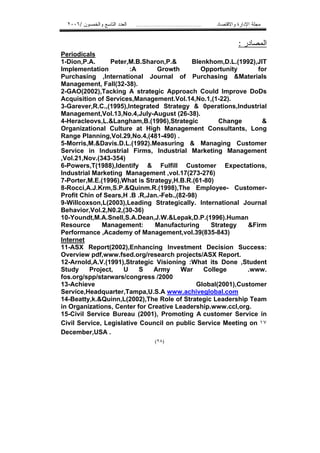 ٢٠٠٦/ ‫ﺍﻟﻌﺩﺩ ﺍﻟﺘﺎﺴﻊ ﻭﺍﻟﺨﻤﺴﻭﻥ‬   ...................................   ‫ﻤﺠﻠﺔ ﺍﻹﺩﺍﺭﺓ ﻭﺍﻻﻗﺘﺼﺎﺩ‬


                                                                               : ‫ﺍﻟﻤﺼﺎﺩﺭ‬
Periodicals
1-Dion,P.A.      Peter,M.B.Sharon,P.&       Blenkhom,D.L.(1992),JIT
Implementation          :A      Growth         Opportunity       for
Purchasing ,International Journal of Purchasing &Materials
Management, Fall(32-38).
2-GAO(2002),Tacking A strategic Approach Could Improve DoDs
Acquisition of Services,Management.Vol.14,No.1,(1-22).
3-Garever,R.C.,(1995),Integrated Strategy & 0perations,Industrial
Management,Vol.13,No.4,July-August (26-38).
4-Heracleovs,L.&Langham,B.(1996),Strategic           Change       &
Organizational Culture at High Management Consultants, Long
Range Planning,Vol.29,No.4,(481-490) .
5-Morris,M.&Davis.D.L.(1992).Measuring & Managing Customer
Service in Industrial Firms, Industrial Marketing Management
,Vol.21,Nov.(343-354)
6-Powers,T(1988),Identify & Fulfill Customer Expectations,
Industrial Marketing Management ,vol.17(273-276)
7-Porter,M.E.(1996),What is Strategy,H.B.R.(61-80)
8-Rocci,A.J.Krm,S.P.&Quinm.R.(1998),The Employee- Customer-
Profit Chin of Sears,H .B .R,Jan.-Feb.,(82-98)
9-Willcoxson,L(2003),Leading Strategically. International Journal
Behavior,Vol.2,N0.2,(30-36)
10-Youndt,M.A.Snell,S.A.Dean,J.W.&Lepak,D.P.(1996).Human
Resource      Management:      Manufacturing      Strategy    &Firm
Performance ,Academy of Management,vol.39(835-843)
Internet
11-ASX Report(2002),Enhancing Investment Decision Success:
Overview pdf,www.fsed.org/research projects/ASX Report.
12-Arnold,A.V.(1991),Strategic Visioning :What its Done ,Student
Study     Project,   U     S   Army      War    College       .www.
fos.org/spp/starwars/congress /2000
13-Achieve                                    Global(2001),Customer
Service,Headquarter,Tampa,U.S.A www.achiveglobal.com
14-Beatty,k.&Quinn,L(2002),The Role of Strategic Leadership Team
in Organizations, Center for Creative Leadership.www.ccl,org.
15-Civil Service Bureau (2001), Promoting A customer Service in
Civil Service, Legislative Council on public Service Meeting on ١٧
December,USA .
                                          (٢٨)
 