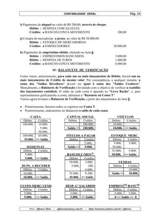 CONTABILIDADE GERAL                                         Pág. 11


i) Pagamento de aluguel no valor de R$ 200,00, através de cheque.
       Débito : DESPESA COM ALUGUEL
       Crédito: a BANCOS CONTA MOVIMENTO                                                200,00
j) Compra de mercadorias a prazo, no valor de R$ 30.000,00.
      Débito : ESTOQUE DE MERCADORIAS
      Crédito: a FORNECEDORES                                                        30.000,00
k) Pagamento do empréstimo obtido, efetuado no item h:
       Débito : EMPRÉSTIMOS BANCÁRIOS                                                 5.000,00
       Débito : DESPESA DE JUROS                                                      1.000,00
       Crédito: a BANCOS CONTA MOVIMENTO                                              6.000,00
                               10 - BALANCETE DE VERIFICAÇÃO
Como vimos, anteriormente, para cada um ou mais lançamentos de Débito, haverá um ou
mais lançamentos de Crédito de mesmo valor. Por conseqüência, a qualquer instante, a
soma dos "Saldos Devedores" deverá ser igual à soma dos "Saldos Credores".
Mensalmente, o Balancete de Verificação é levantado com o objetivo de verificar a exatidão
dos lançamentos contábeis. O saldo de cada conta é apurado no "Livro Razão", e, para
representarmos graficamente a conta, adotamos o "Razonete ou Conta T".
Vamos agora levantar o Balancete de Verificação, a partir dos lançamentos do item 8.

•    Primeiramente, faremos todos os registros em Conta T.
•    Posteriormente, indicaremos no Balancete o saldo de cada conta.
          CAIXA                            CAPITAL SOCIAL                             VEÍCULOS
     Débito   Crédito                       Débito  Crédito                        Débito   Crédito
    100.000, 10.000,                                100.000,                       10.000,
               5.000,                      Saldo => 100.000,                       10.000, <= Saldo
              50.000,
    100.000,  65.000,                     TÍTULOS A PAGAR                          ESTOQUE MERC.
     35.000, <= Saldo                       Débito  Crédito                         Débito   Crédito
                                                    5.000,                           5.000,   5.000,
      MÁQUINAS                             Saldo => 5.000,                          30.000,
    Débito   Crédito                                                               35.000,    5.000,
     5.000,                                BANCOS C/MOVO                           30.000, <= Saldo
     5.000, <= Saldo                        Débito    Crédito
                                            50.000,   3.000,                           VENDAS
    DUPS. A RECEBER                          5.000,     200,                        Débito  Crédito
     Débito   Crédito                                 6.000,                                10.000,
     10.000,                                55.000,   9.200,                       Saldo => 10.000,
     10.000, <= Saldo                       45.800, <= Saldo

CUSTO MERC.VEND.                          DESP. C/ SALÁRIOS                      EMPRESTOS BANCOS
 Débito   Crédito                           Débito   Crédito                       Débito    Crédito
  5.000,                                    3.000,                                 5.000,     5.000,
  5.000, <= Saldo                           3.000, <= Saldo                         0 <= Saldo => 0


        Prof.: Affonso Silva   -   affonso@unisys.com.br   -   http://usuarios.uninet.com.br/~affonso
 