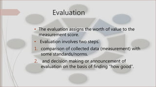 Evaluation
• The evaluation assigns the worth of value to the
measurement score.
• Evaluation involves two steps.
1. compa...