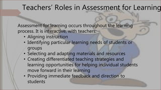 Teachers’ Roles in Assessment for Learning
Assessment for learning occurs throughout the learning
process. It is interactive, with teachers:
• Aligning instruction
• Identifying particular learning needs of students or
groups
• Selecting and adapting materials and resources
• Creating differentiated teaching strategies and
learning opportunities for helping individual students
move forward in their learning
• Providing immediate feedback and direction to
students
 