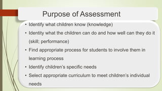 Purpose of Assessment
• Identify what children know (knowledge)
• Identity what the children can do and how well can they do it
(skill; performance)
• Find appropriate process for students to involve them in
learning process
• Identify children’s specific needs
• Select appropriate curriculum to meet children’s individual
needs
 