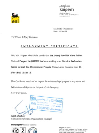 Saipem Experience Certificate
