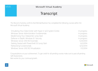 Virtualizing Your Data Center with Hyper-V and System Center In progress
Windows Server Administration Fundamentals In progress
Modernizing Your Datacenter Jump Start In progress
Defense in Depth: Windows 8.1 Security In progress
Windows Server 2012 R2 Essentials 5/24/2014
Getting Started with PowerShell 3.0 Jump Start 6/5/2014
Networking Fundamentals 6/12/2014
Windows Server 2012 R2 Virtualization 7/2/2014
This Record of activity confirms that Michael Bucknor has completed the following courses within the
Microsoft Virtual Academy:
Congratulations on your achievement. To get credit for all pending courses make sure to pass all pending
Self-Assessments.
Best wishes for your continual growth.
 