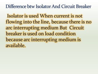 Isolator is used When current is not
flowing into the line, because there is no
arc interrupting medium But Circuit
breaker is used on load condition
because arc interrupting medium is
available.
 