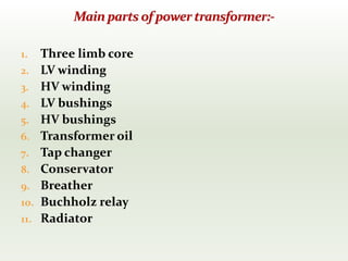 1. Three limb core
2. LV winding
3. HV winding
4. LV bushings
5. HV bushings
6. Transformer oil
7. Tap changer
8. Conservator
9. Breather
10. Buchholz relay
11. Radiator
 