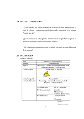 8 
 
1.2.5. PREGUNTAS DIRECTRICES
¿En qué medida voy a utilizar estrategias de competitividad para aumentar el
nivel de eficacia y conocimientos a nivel personal y empresarial en la empresa
Avícola Agoyán?
¿Qué indicadores se deben generar para facilitar el diagnóstico del grado de
desenvolvimiento del talento humano en la empresa?
¿Qué conocimientos específicos en el personal, son propicias para el bienestar
de la empresa?
1.2.6. DELIMITACIÓN
Limites Contenido:
Área: Directiva – Administrativa
Ámbito: Talento Humano
Aspecto: Gestión del Talento Humano y su incidencia en
el Comportamiento Organizacional
Limite Espacial: Empresa Avícola Agoyán
Límite Temporal: Periodo 2010
Límite Poblacional: Personal que labora en la empresa, incluido
directores y administradores
Nivel Operativo Jefe de Producción
Nivel Administrativo Contador
Administrador
Secretaria /Facturadora
Nivel Directivo Gerente General
5 Personas
CUADRO N° 1
LIMITES DE CONTENIDO
 