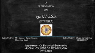 A
PRESENTATION
ON
Submitted To:- Mr. Sanjeev Kumar Rajoria
Electrical Dept.
132 KV G.S.S.
(SITAPURA)
Submitted By:- Mirza Sarmad Baig
13EGCEE057
Department Of Electrical Engineering
GLOBAL COLLEGE OF TECHNOLOGY
2013-2017
 