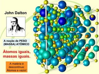 John Dalton




A noção de PESO
(MASSA) ATÔMICO

Átomos iguais,
massas iguais.
   A matéria é
  descontínua:
 Átomos e vazio!
 