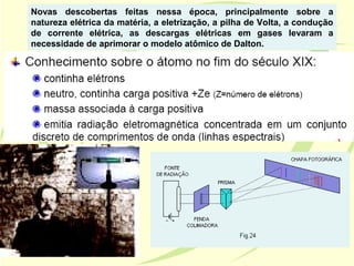 Novas descobertas feitas nessa época, principalmente sobre a
natureza elétrica da matéria, a eletrização, a pilha de Volta, a condução
de corrente elétrica, as descargas elétricas em gases levaram a
necessidade de aprimorar o modelo atômico de Dalton.
 