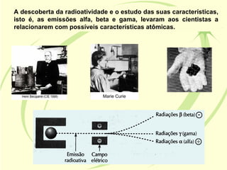 A descoberta da radioatividade e o estudo das suas características,
isto é, as emissões alfa, beta e gama, levaram aos cientistas a
relacionarem com possíveis características atômicas.




                             Marie Curie
 