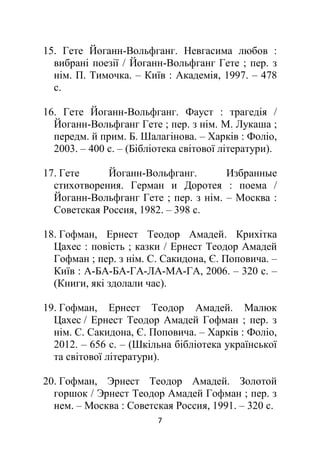 7
15. Гете Йоганн-Вольфганг. Невгасима любов :
вибрані поезії / Йоганн-Вольфганг Гете ; пер. з
нім. П. Тимочка. – Київ : Академія, 1997. – 478
с.
16. Гете Йоганн-Вольфганг. Фауст : трагедія /
Йоганн-Вольфганг Гете ; пер. з нім. М. Лукаша ;
передм. й прим. Б. Шалагінова. – Харків : Фоліо,
2003. – 400 с. – (Бібліотека світової літератури).
17. Гете Йоганн-Вольфганг. Избранные
стихотворения. Герман и Доротея : поема /
Йоганн-Вольфганг Гете ; пер. з нім. – Москва :
Советская Россия, 1982. – 398 с.
18. Гофман, Ернест Теодор Амадей. Крихітка
Цахес : повість ; казки / Ернест Теодор Амадей
Гофман ; пер. з нім. С. Сакидона, Є. Поповича. –
Київ : А-БА-БА-ГА-ЛА-МА-ГА, 2006. – 320 с. –
(Книги, які здолали час).
19. Гофман, Ернест Теодор Амадей. Малюк
Цахес / Ернест Теодор Амадей Гофман ; пер. з
нім. С. Сакидона, Є. Поповича. – Харків : Фоліо,
2012. – 656 с. – (Шкільна бібліотека української
та світової літератури).
20. Гофман, Эрнест Теодор Амадей. Золотой
горшок / Эрнест Теодор Амадей Гофман ; пер. з
нем. – Москва : Советская Россия, 1991. – 320 с.
 