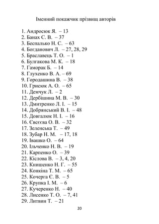 20
Іменний покажчик прізвищ авторів
1. Андросюк Я. – 13
2. Банах С. В. – 37
3. Беспалько Н. С. – 63
4. Богданович Л. – 27, 28, 29
5. Браславець Т. О. – 1
6. Булгакова М. К. – 18
7. Гаморак Б. – 14
8. Глухенко В. А. – 69
9. Городашина В. – 38
10. Грисюк А. О. – 65
11. Демчук Л. – 2
12. Дербішина М. В. – 30
13. Дмитренко Л. І. – 15
14. Добрянський В. І. – 48
15. Довгалюк Н. І. – 16
16. Євсєєва О. В. – 32
17. Зеленська Т. – 49
18. Зубар Н. М. – 17, 18
19. Івашко О. – 64
20. Ільченко Н. В. – 19
21. Карпенко О. – 39
22. Кіслова В. – 3, 4, 20
23. Книшенко Н. Г. – 55
24. Конкіна Т. М. – 65
25. Кочерга Є. В. – 5
26. Крупка І. М. – 6
27. Кучеренко Н. – 40
28. Лисенко Т. О. – 7, 41
29. Литвин Т. – 21
 