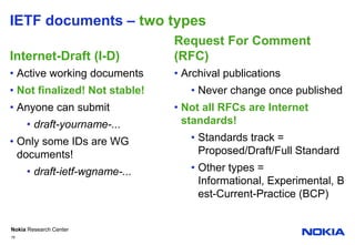 Internet-Draft (I-D)Active working documentsNot finalized! Not stable!Anyone can submitdraft-yourname-...Only some IDs are WG documents!draft-ietf-wgname-...Request For Comment (RFC)Archival publicationsNever change once publishedNot all RFCs are Internet standards!Standards track =Proposed/Draft/Full StandardOther types =Informational, Experimental, Best-Current-Practice (BCP)16IETF documents – two types