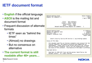 IETF document formatEnglishif the official languageASCII is the mailing list and document formatFrequent discussion of alternate formatsIETF seen as “behind the times”(Almost) no drawingsBut no consensus on alternative The current format is still readable after 40+ years…19
