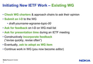 Initiating New IETF Work – Existing WGCheck WG charters & approach chairs to ask their opinionSubmit an I-D to the WGdraft-yourname-wgname-topic-00Ask for feedback on I-D on WG mail listAsk for presentation time during an IETF meetingConstructively incorporate feedback(“revise quickly, revise often”)Eventually, ask to adopt as WG itemContinue work in WG (you now become editor)22