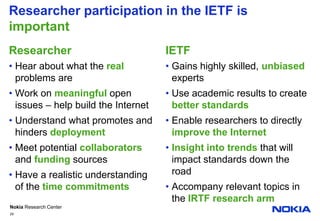 ResearcherHear about what the realproblems areWork on meaningfulopen issues – help build the InternetUnderstand what promotes and hinders deploymentMeet potential collaboratorsand fundingsourcesHave a realistic understanding of the time commitmentsIETFGains highly skilled, unbiasedexpertsUse academic results to create better standardsEnable researchers to directly improve the InternetInsight into trends that will impact standards down the roadAccompany relevant topics in the IRTF research arm29Researcher participation in the IETF is important