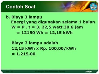 Adaptif
Contoh Soal
Hal.: 16 Isi dengan Judul Halaman Terkait
b. Biaya 3 lampu
Energi yang digunakan selama 1 bulan
W = P . t = 3. 22,5 watt.30.6 jam
= 12150 Wh = 12,15 kWh
Biaya 3 lampu adalah
12,15 kWh x Rp. 100,00/kWh
= 1.215,00
 