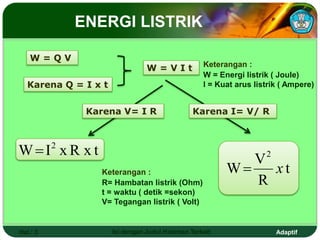 Adaptif
Hal.: 3 Isi dengan Judul Halaman Terkait
ENERGI LISTRIK
W = Q V
Karena Q = I x t
W = V I t
Karena V= I R
x t
R
x
I
W 2

Karena I= V/ R
t
R
V
W
2
x

Keterangan :
W = Energi listrik ( Joule)
I = Kuat arus listrik ( Ampere)
Keterangan :
R= Hambatan listrik (Ohm)
t = waktu ( detik =sekon)
V= Tegangan listrik ( Volt)
 