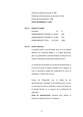 40
Garantia de Alquiler de Local S/. 600
Publicidad y Reclutamiento de personal S/. 460
Estudio de factibilidad S/. 1,500
TOTAL INTANGIBLE S/. 4,792
8.2.1.2. Capital de trabajo
Concepto S/. %
FINANCIAMIENTO INTERNO S/. 24,431 53%
FINANCIAMIENTO EXTERNO S/. 17,993 47%
FINANCIAMIENTO TOTAL S/. 42,424 100%
8.2.1.3. Costos indirectos
La palabra costo es muy utilizada, pero no se ha logrado
definirla con exactitud debido a su amplia aplicación,
pero se puede definir como desembolso en efectivo o en
especie realizado en el presente, pasado o futuro.
La evaluación de proyecto es una técnica de planeación, y
la forma de tratar el aspecto contable no es rigurosa, lo
cual se demuestra cuando por simplicidad las cifras se
redondean al millar más cercano.
Costos de Producción: son el reflejo de las
determinaciones realizadas en el estudio técnico, un error
en este tipo de costo es atribuido a errores de cálculo en
el estudio técnico. Es un proceso de la producción de
ingeniería.
Costo de administración: proviene para realizar la
función de administración en la empresa.
 
