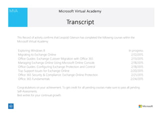 Exploring Windows 8 In progress
Migrating to Exchange Online 2/12/2015
Office Guides: Exchange Cutover Migration with Office 365 2/13/2015
Managing Exchange Online Using Microsoft Online Console 2/18/2015
Office Guides: Configuring Exchange Protection and Control 2/18/2015
Top Support Issues for Exchange Online 2/20/2015
Office 365 Security & Compliance: Exchange Online Protection 2/21/2015
Office 365 Fundamentals 2/24/2015
This Record of activity confirms that Leopold Giterson has completed the following courses within the
Microsoft Virtual Academy:
Congratulations on your achievement. To get credit for all pending courses make sure to pass all pending
Self-Assessments.
Best wishes for your continual growth.
 