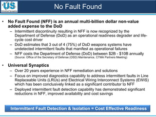 No Fault Found
• No Fault Found (NFF) is an annual multi-billion dollar non-value
added expense to the DoD
– Intermittent discontinuity resulting in NFF is now recognized by the
Department of Defense (DoD) as an operational readiness degrader and life-
cycle cost driver
– DoD estimates that 3 out of 4 (75%) of DoD weapons systems have
undetected intermittent faults that manifest as operational failures
– NFF costs the Department of Defense (DoD) between $2B - $10B annually
(Source: Office of the Secretary of Defense (OSD) Maintenance, CTMA Partners Meeting)
• Universal Synaptics
– Over 20 years experience in NFF remediation and solutions
– Focus on improved diagnostics capability to address intermittent faults in Line
Replaceable Units (LRUs) and Electrical Wiring Interconnect Systems (EWIS)
which has been conclusively linked as a significant contributor to NFF
– Deployed intermittent fault detection capability has demonstrated significant
reductions in NFF, improved availability and cost savings
Intermittent Fault Detection & Isolation = Cost Effective Readiness
 