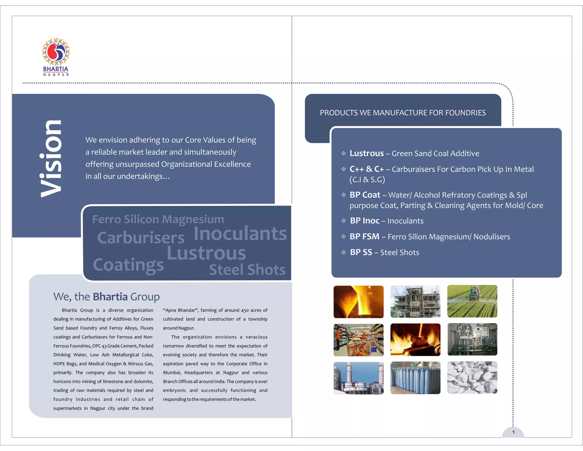 We envision adhering to our Core Values of being
a reliable market leader and simultaneously
offering unsurpassed Organizational Excellence
in all our undertakings…
Carburisers Inoculants
Lustrous
Bhartia Group is a diverse organization
dealing in manufacturing of Additives for Green
Sand based Foundry and Ferroy Alloys, Fluxes
coatings and Carburiseors for Ferrous and Non-
Ferrous Foundries, OPC 43 Grade Cement, Packed
Drinking Water, Low Ash Metallurgical Coke,
HDPE Bags, and Medical Oxygen & Nitrous Gas,
primarily. The company also has broaden its
horizons into mining of limestone and dolomite,
trading of raw materials required by steel and
foundry industries and retail chain of
supermarkets in Nagpur city under the brand
We, the GroupBhartia
“Apna Bhandar”, farming of around 450 acres of
cultivated land and construction of a township
aroundNagpur.
The organization envisions a veracious
tomorrow diversified to meet the expectation of
evolving society and therefore the market. Their
aspiration paved way to the Corporate Office in
Mumbai, Headquarters at Nagpur and various
Branch Offices all around India. The company is ever
embryonic and successfully functioning and
respondingtotherequirementsofthemarket.
PRODUCTS WE MANUFACTURE FOR FOUNDRIES
Lustrous – Green Sand Coal Additive
C++ & C+ – Carburaisers For Carbon Pick Up In Metal
(C.I & S.G)
BP Coat – Water/ Alcohol Refratory Coatings & Spl
purpose Coat, Parting & Cleaning Agents for Mold/ Core
– InoculantsBP Inoc
BP FSM – Ferro Silion Magnesium/ Nodulisers
– Steel ShotsBP SS
1
Steel ShotsCoatings
Ferro Silicon Magnesium
 