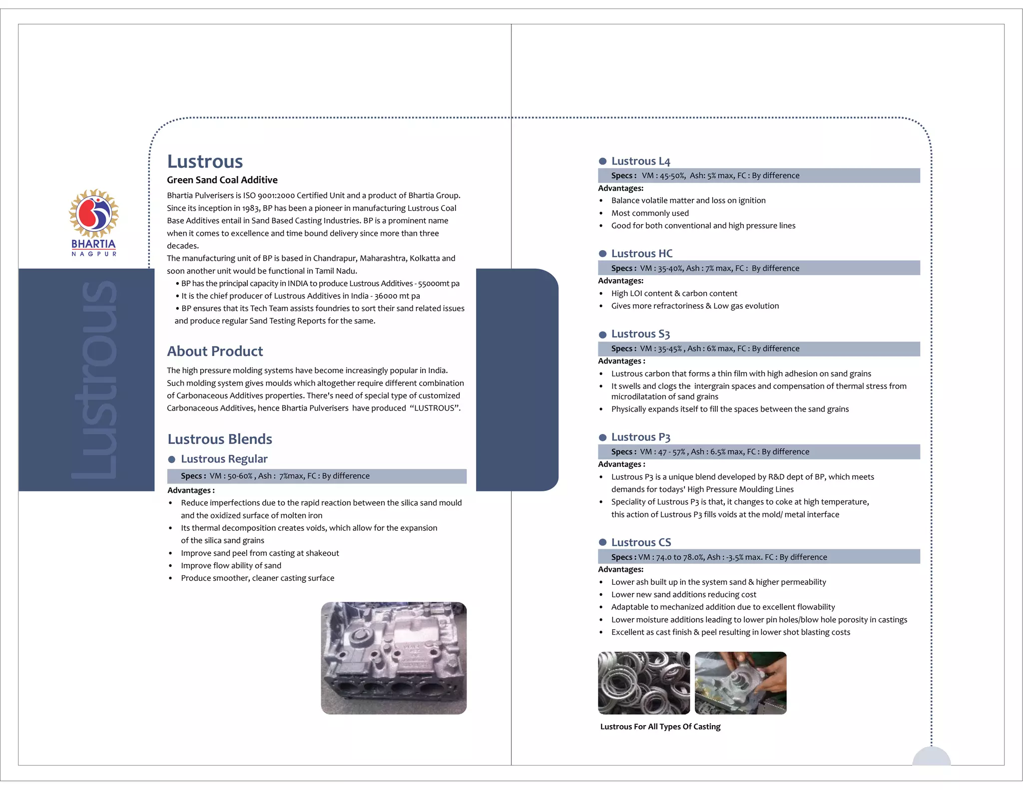 About Product
The high pressure molding systems have become increasingly popular in India.
Such molding system gives moulds which altogether require different combination
of Carbonaceous Additives properties. There's need of special type of customized
Carbonaceous Additives, hence Bhartia Pulverisers have produced “LUSTROUS”.
Lustrous For All Types Of Casting
Lustrous
Green Sand Coal Additive
Bhartia Pulverisers is ISO 9001:2000 Certified Unit and a product of Bhartia Group.
Since its inception in 1983, BP has been a pioneer in manufacturing Lustrous Coal
Base Additives entail in Sand Based Casting Industries. BP is a prominent name
when it comes to excellence and time bound delivery since more than three
decades.
The manufacturing unit of BP is based in Chandrapur, Maharashtra, Kolkatta and
soon another unit would be functional in Tamil Nadu.
•BP has the principal capacity in INDIA to produce Lustrous Additives - 55000mt pa
•It is the chief producer of Lustrous Additives in India - 36000 mt pa
•BP ensures that its Tech Team assists foundries to sort their sand related issues
and produce regular Sand Testing Reports for the same.
Lustrous Blends
Lustrous Regular
Specs : VM : 50-60% , Ash : 7%max, FC : By difference
Advantages :
• Reduce imperfections due to the rapid reaction between the silica sand mould
and the oxidized surface of molten iron
• Its thermal decomposition creates voids, which allow for the expansion
of the silica sand grains
• Improve sand peel from casting at shakeout
• Improve flow ability of sand
• Produce smoother, cleaner casting surface
Lustrous L4
VM : 45-50%, Ash: 5% max, FC : By differenceSpecs :
Advantages:
• Balance volatile matter and loss on ignition
• Most commonly used
• Good for both conventional and high pressure lines
Lustrous HC
VM : 35-40%, Ash : 7% max, FC : By differenceSpecs :
Advantages:
• High LOI content & carbon content
• Gives more refractoriness & Low gas evolution
Lustrous S3
Specs : VM : 35-45% , Ash : 6% max, FC : By difference
Advantages :
• Lustrous carbon that forms a thin film with high adhesion on sand grains
• It swells and clogs the intergrain spaces and compensation of thermal stress from
microdilatation of sand grains
• Physically expands itself to fill the spaces between the sand grains
Lustrous P3
Specs : VM : 47 - 57% , Ash : 6.5% max, FC : By difference
Advantages :
• Lustrous P3 is a unique blend developed by R&D dept of BP, which meets
demands for todays' High Pressure Moulding Lines
• Speciality of Lustrous P3 is that, it changes to coke at high temperature,
this action of Lustrous P3 fills voids at the mold/ metal interface
Lustrous CS
Specs : VM : 74.0 to 78.0%, Ash : -3.5% max. FC : By difference
Advantages:
• Lower ash built up in the system sand & higher permeability
• Lower new sand additions reducing cost
• Adaptable to mechanized addition due to excellent flowability
• Lower moisture additions leading to lower pin holes/blow hole porosity in castings
• Excellent as cast finish & peel resulting in lower shot blasting costs
 