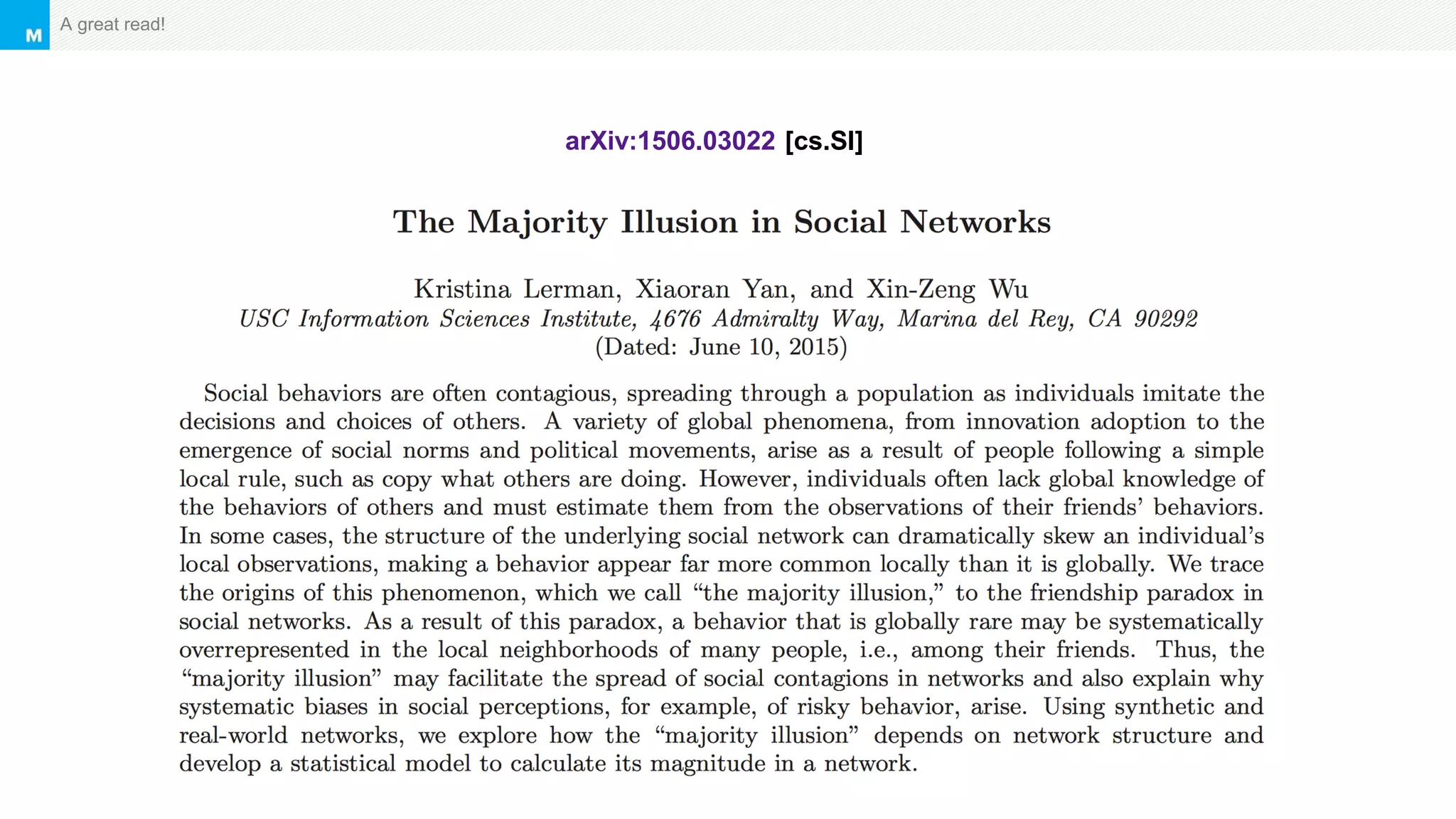 Marketing ApproachA great read!
arXiv:1506.03022 [cs.SI]
 