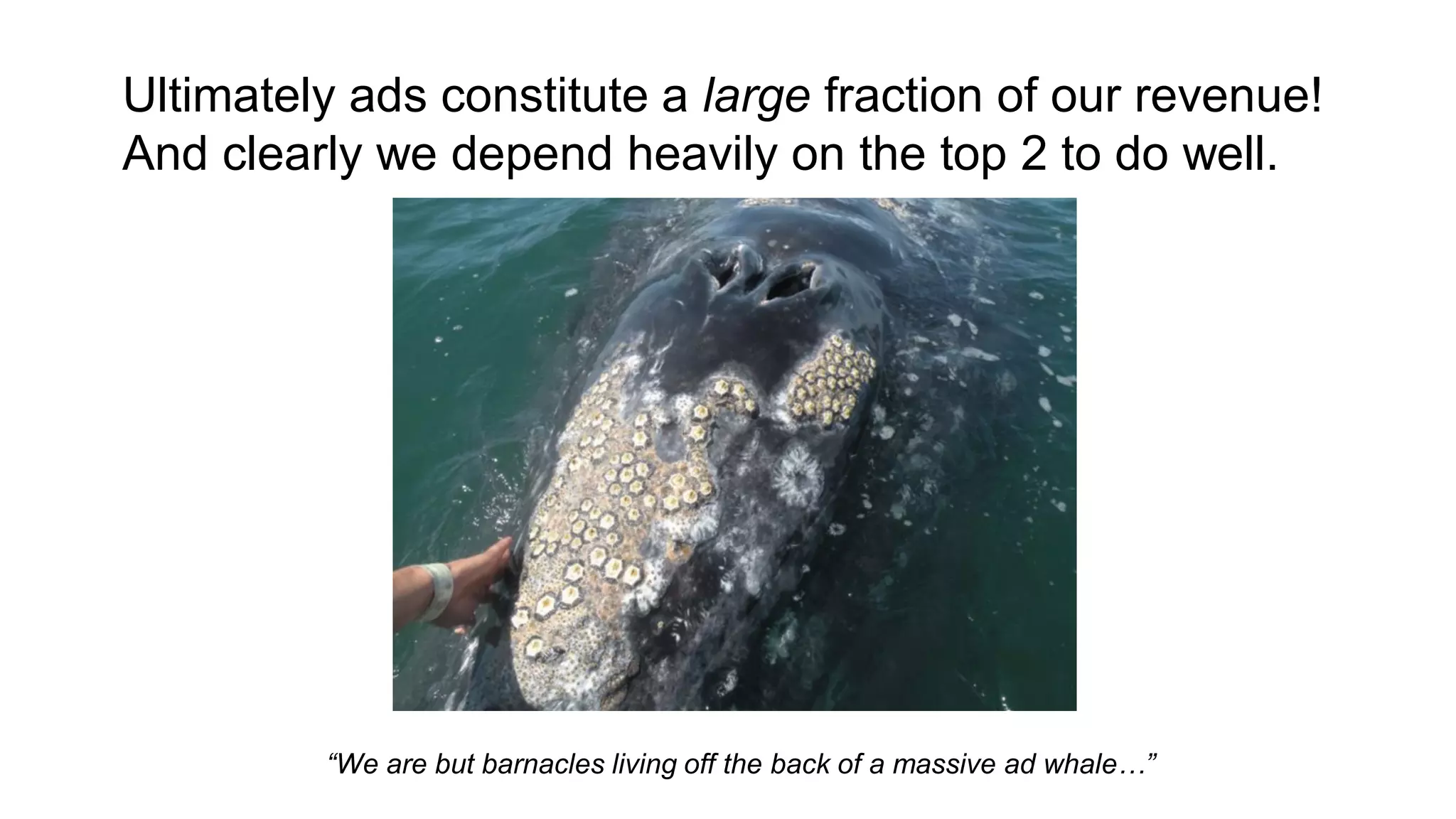 Ultimately ads constitute a large fraction of our revenue!
And clearly we depend heavily on the top 2 to do well.
“We are but barnacles living off the back of a massive ad whale…”
 
