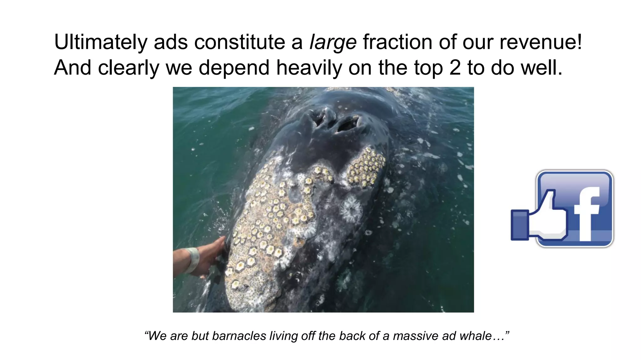 Ultimately ads constitute a large fraction of our revenue!
And clearly we depend heavily on the top 2 to do well.
“We are but barnacles living off the back of a massive ad whale…”
 