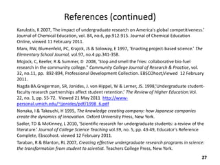 References (continued)
Karukstis, K 2007, The impact of undergraduate research on America's global competitiveness.’
Journal of Chemical Education, vol. 84, no.6, pp.912-915. Journal of Chemical Education
Online, viewed 11 February 2011.
Marx, RW, Blumenfeld, PC, Krajcik, JS & Soloway, E 1997, ‘Enacting project-based science.’ The
Elementary School Journal, vol.97, no.4 pp.341-358.
Mojock, C, Keefer, R & Summer, D 2008, ‘Stop and smell the fries: collaborative bio-fuel
research in the community college." Community College Journal of Research & Practice, vol.
32, no.11, pp. 892-894, Professional Development Collection. EBSCOhost,Viewed 12 February
2011.
Nagda BA.Gregerman, SR, Jonides, J. von Hippel, W & Lerner, JS. 1998,‘Undergraduate student-
faculty research partnerships affect student retention.’ The Review of Higher Education.Vol.
22, no. 1, pp. 55-72. Viewed 21 May 2011 http://www-
personal.umich.edu/~jjonides/pdf/1998_6.pdf
Nonaka, I & Takeuchi, H 1995, The knowledge creating company: how Japanese companies
create the dynamics of innovation. Oxford University Press, New York.
Sadler, TD & McKinney, L 2010, ‘Scientific research for undergraduate students: a review of the
literature.’ Journal of College Science Teaching vol.39, no. 5, pp. 43-49, Educator's Reference
Complete, Ebscohost. viewed 12 February 2011.
Taraban, R & Blanton, RL 2007, Creating effective undergraduate research programs in science:
the transformation from student to scientist. Teachers College Press, New York.
                                                                                             27
 