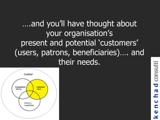 ….and you’ll have thought about
         your organisation’s
  present and potential ‘customers’
(users, patrons, beneficiaries)…. and
             their needs.




                                        k e n c h a d consulti
 