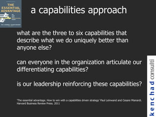 a capabilities approach

what are the three to six capabilities that
describe what we do uniquely better than
anyone else?

can everyone in the organization articulate our




                                                                                                               k e n c h a d consulti
differentiating capabilities?

is our leadership reinforcing these capabilities?

'The essential advantage. How to win with a capabilities driven strategy' Paul Leinwand and Cesare Mianardi.
Harvard Business Review Press. 2011
 