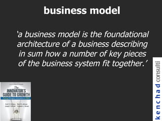 business model

‘a business model is the foundational
 architecture of a business describing
 in sum how a number of key pieces
 of the business system fit together.’




                                         k e n c h a d consulti
 