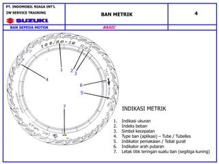 4
1 2
6
5
7
3
INDIKASI METRIK
1. Indikasi ukuran
2. Indeks beban
3. Simbol kecepatan
4. Type ban (aplikasi) – Tube / Tubelles
5. Indikator pemakaian / Tebal gurat
6. Indikator arah putaran
7. Letak titik teringan suatu ban (segitiga kuning)
BAN METRIK 4
BAN SEPEDA MOTOR
PT. INDOMOBIL NIAGA INT’L
2W SERVICE TRAINING
BASIC
 
