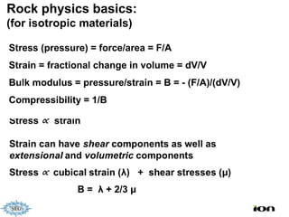 Rock physics basics:
(for isotropic materials)

Stress (pressure) = force/area = F/A
Strain = fractional change in volume = dV/V
Bulk modulus = pressure/strain = B = - (F/A)/(dV/V)
Compressibility = 1/B




               B = λ + 2/3 μ
 