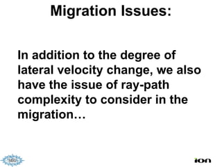 Migration Issues:

In addition to the degree of
lateral velocity change, we also
have the issue of ray-path
complexity to consider in the
migration…
 