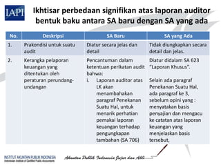 Ikhtisar perbedaan signifikan atas laporan auditor
          bentuk baku antara SA baru dengan SA yang ada
No.           Deskripsi                 SA Baru                  SA yang Ada
1.    Prakondisi untuk suatu   Diatur secara jelas dan     Tidak diungkapkan secara
      audit                    detail                      detail dan jelas.
2.    Kerangka pelaporan       Pencantuman dalam           Diatur didalam SA 623
      keuangan yang            ketentuan perikatan audit   “Laporan Khusus”.
      ditentukan oleh          bahwa:
      peraturan perundang-     i. Laporan auditor atas     Selain ada paragraf
      undangan                     LK akan                 Penekanan Suatu Hal,
                                   menambahakan            ada paragraf ke 3,
                                   paragraf Penekanan      sebelum opini yang :
                                   Suatu Hal, untuk        menyatakan basis
                                   menarik perhatian       penyajian dan mengacu
                                   pemakai laporan         ke catatan atas laporan
                                   keuangan terhadap       keuangan yang
                                   pengungkapan            menjelaskan basis
                                   tambahan (SA 706)       tersebut,
 