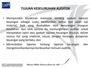 TUJUAN KESELURUHAN AUDITOR

• Memperoleh keyakinan memadai tentang apakah laporan
  keuangan sebagai suatu keseluruhan bebas dari salah saji
  material, baik yang disebabkan oleh kecurangan maupun
  kesalahan, dan oleh karena itu memungkinkan auditor untuk
  menyatakan opini atas apakah laporan keuangan disusun, dalam
  semua hal yang material, sesuai dengan kerangka pelaporan
  keuangan yang berlaku; dan
• Menerbitkan laporan tentang laporan keuangan dan
  mengomunikasikannya berdasarkan temuan auditor.
 